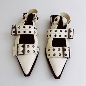 White Slingback Buckle Flats